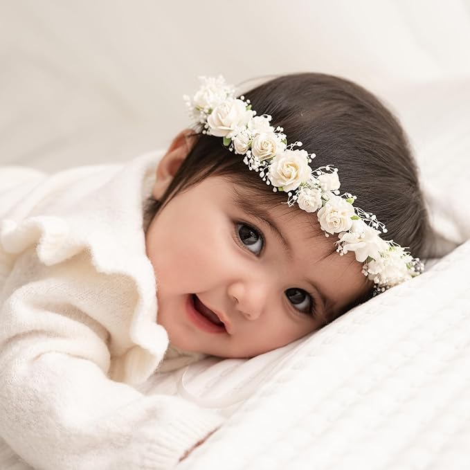 Toddler Flower Crown with Baby's Breath 1st Birthday Photo Prop Headpiece Baby Girls Floral Hair Wreath Rustic Wedding Headband for Toddler(40cm length)