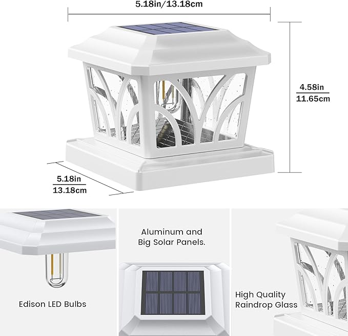SIEDiNLAR Solar Post Cap Lights Outdoor, Aluminum Glass 2 Modes Edison LED Bulbs for 4x4 5x5 6x6 Vinyl/Wooden Posts Fence Deck Patio Decor, Warm White/Cool White Lighting 4 Pack (White)