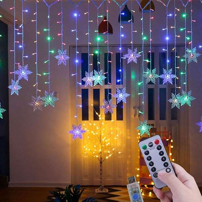 Lainin 12ft/3.5M USB Powered 8 Modes Snowflake Curtain Night Light Icicle Fairy String Light, Perfect for Christmas Wedding Holiday Garden Indoor/Outdoor Party Decoration - Multi Color