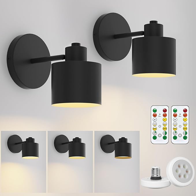 Tipace Vintage Battery Operated Wall Sconces,Cordless Battery Powered LED Wall Lights Set of 2,Wall Lamp Fixture Black 360°Rotate with Remote Control for Bedroom Farmhouse Gallery