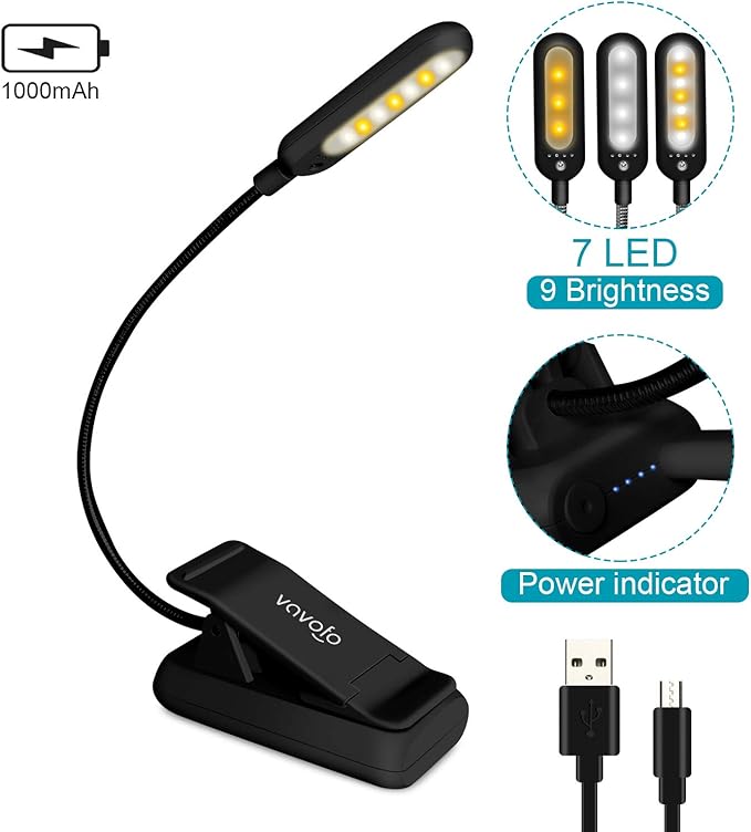 VAVOFO Rechargeable Reading Light, 7 LEDs with 9 Color Temperature 9 Brightness Levels Clip On Book Light for Reading in Bed with Power Indicator for Bookworms (Black)