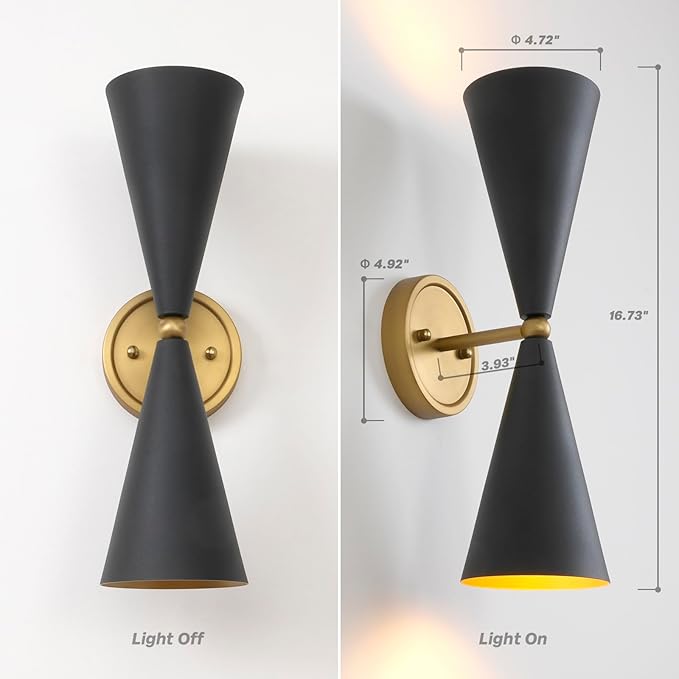 Modern Black Gold Wall Sconce, Vintage Double Heads Up and Down Sconces Wall Lighting, Indoor Hardwired Wall Lamp Fixture for Bathroom Bedroom Living Room Hallway