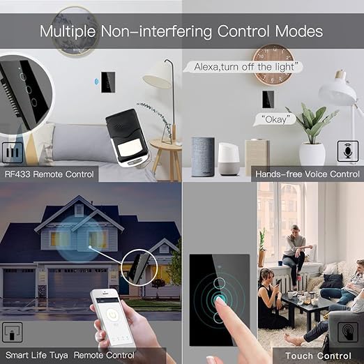 MOES 2.4GHz WiFi Wall Touch Smart Switch Neutral Wire Required, 3 Way Multi-Control, Glass Panel Light Switch Work with Smart Life/Tuya App, RF433 Remote Control, Alexa and Google Home Black 3 Gang