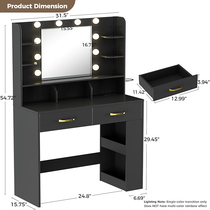 COMHOMA Vanity Desk with Lighted Mirror and Power Outlet, RGB LED Lights Makeup Vanity Set for Girls, Large Storage Capacity Dressing Table for Bedroom, 3 Lighting Modes Adjustable Brightness, Black