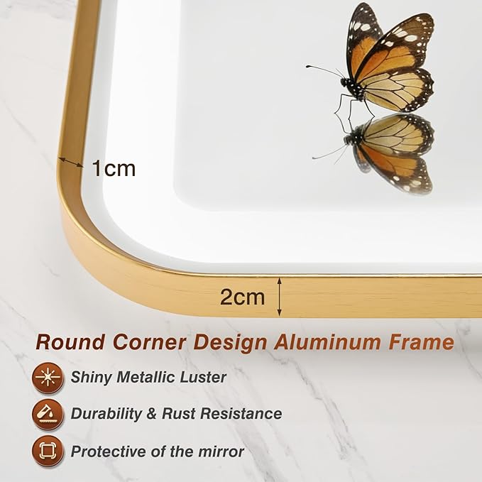 24x36 Inch Gold Framed LED Bathroom Mirror with Lights,Smart Bathroom Mirror,RGB,Anti-Fog,Stepless Dimmable & 3 Colors,Memory,Vanity Mirror for Wall