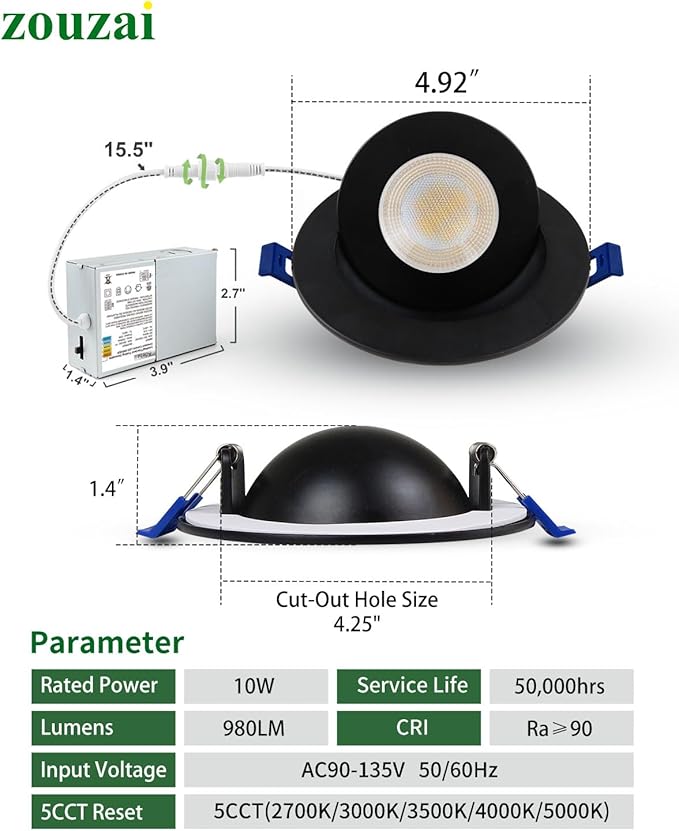 zouzai 4 inch 5CCT Gimbal Black Led Recessed Lights, 360°+90° Adjustable Directional Recessed Lighting, 2700K-5000K Dimmable Retrofit Eyeball Can Lights with Jbox, ETL&Energy Star (Black,12 Pack)