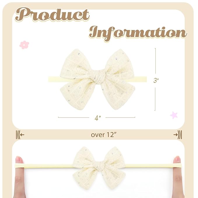 YanJie 3PCS 4’’ Lace Hair Bow for Girls Nylon Baby Headbands Rhinestone Black Beige Off White Bows Hair Accessories for Newborn Infant Toddler Girl