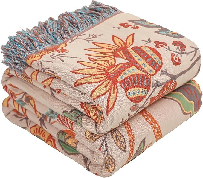 Boho Fall Throw Blanket for Bed，100% Ultra Cotton Soft Breathable Bed Throw Floral Printed Farmhouse Decor Rustic Bed Throws for Couch Sofa Quilt 60" x 80"-Orange& Sage Green