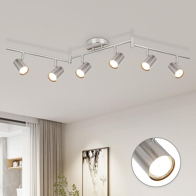 GORDNWE Track Lighting Fixtures, Black Track Light with Adjustable Track Heads, Directional Ceiling Spotlight for Kitchen, Office, Dining Room, Closet, Studio (6-Light GU10 Nickel)