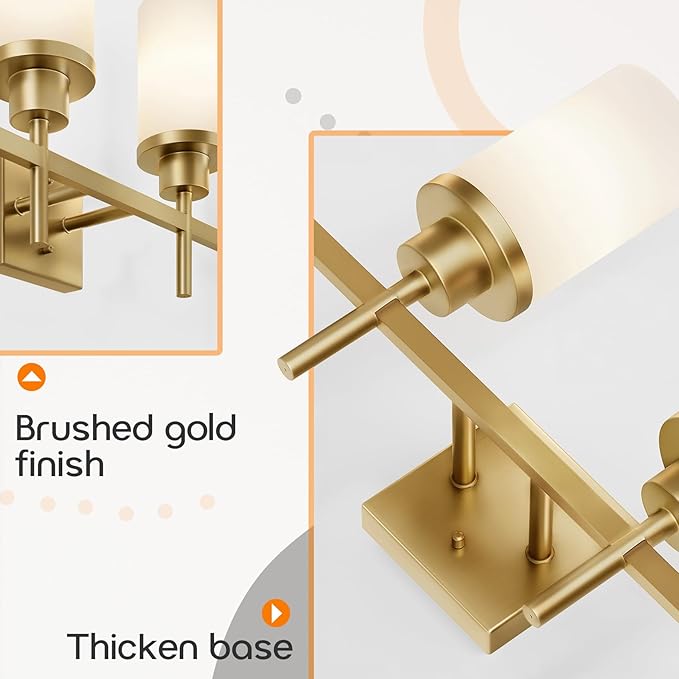 Wall Light Fixtures 4-Light Over Mirror, Gold Vanity Lights with White Frosted Glass Shade, Wall Sconces for Bathroom Washroom Kitchen T001GD-L4