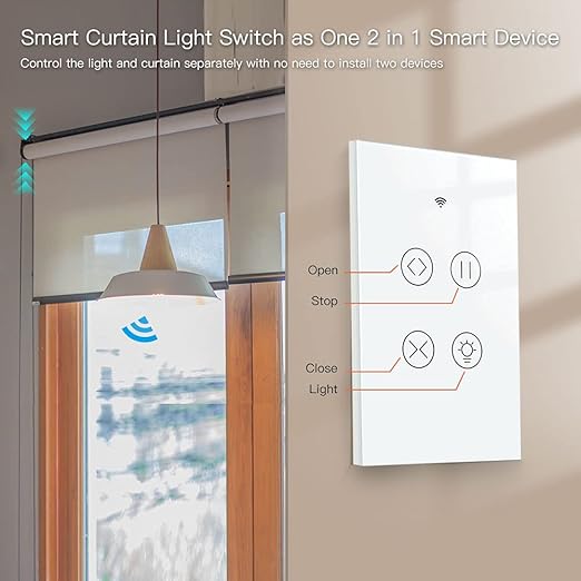 MOES 2.4GHz WiFi RF Smart Curtain Light Touch Switch Glass Panel Backlight ON/Off Wireless Remote Control with Tuya Smart Life App, Voice Control with Google Home Alexa, White