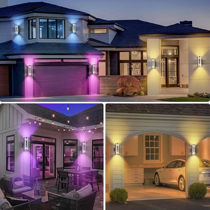 SHIMR Smart Porch Lights RGBCW 2 Pack, Color Changing Outdoor Wall Lights Stainless Steel Outdoor Light Fixture with Remote for House Garage, Compatible with Alexa Google Assistant