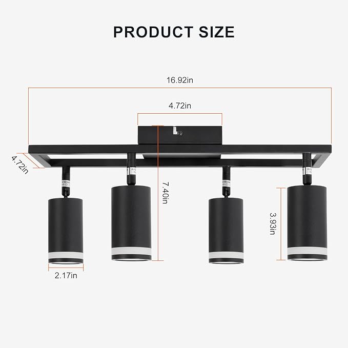 Ketom 4-Light Track Lighting Fixtures Ceiling, GU10 Black Led Ceiling Spotlight, Modern Track Light Kit for Kitchen Hallway Bedroom Living Room