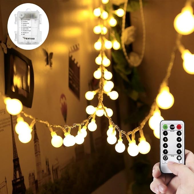 WERTIOO Globe String Lights Battery Operated – 23ft 60 LED Globe Lights with Remote, 8 Modes & Timer – Warm White String Lights for Bedroom, Christmas Tree, Garden, Tent, Camping, Indoor & Outdoor