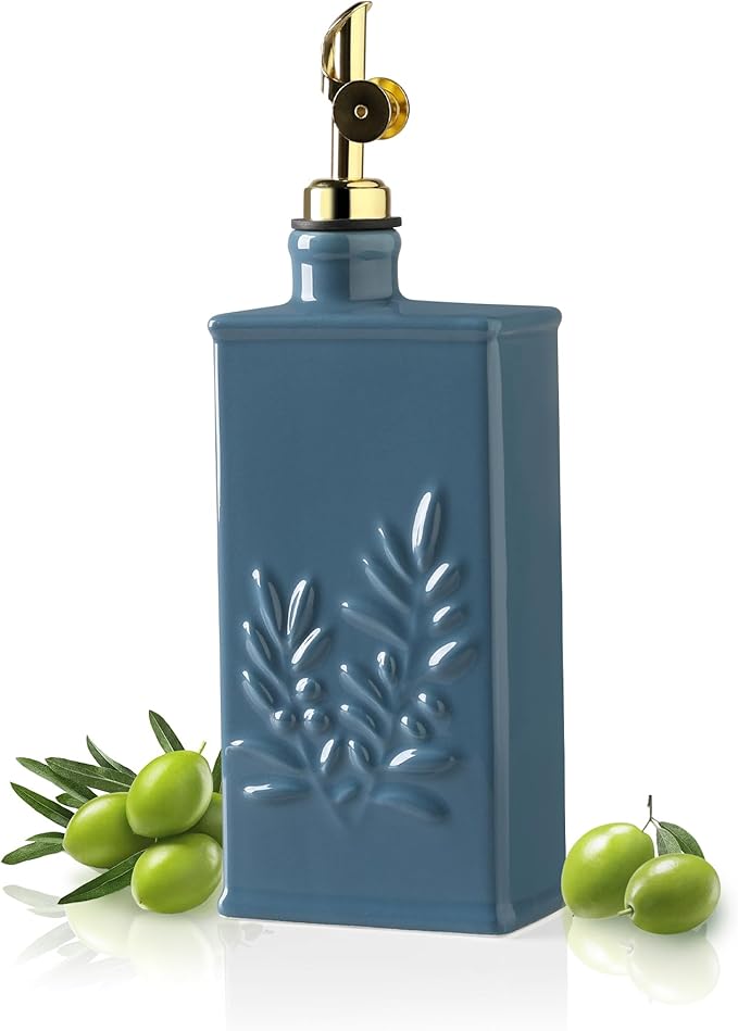 Sweejar Ceramic Olive Oil Dispenser Bottle for Kitchen, 17 Oz Relief Opaque Oil and Vinegar Dispenser Bottle with Spout, Suitable for Soy Sauce, Coffee Syrup, Liquids (Fogblue)