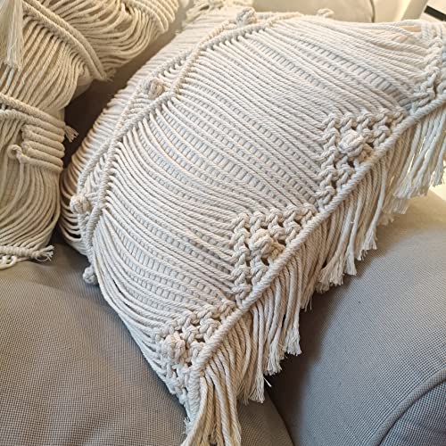kiido Throw Pillow Covers Macrame Cushion Case Woven Boho Comfy Square Pillow Cases with Tassels Set of 2 Decorative Pillowcase (17X17) AB Style