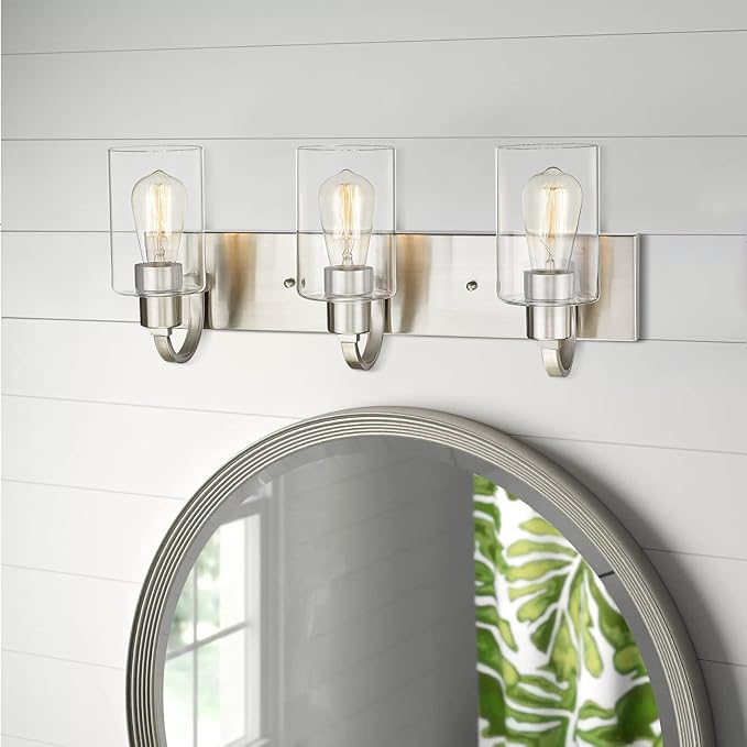 Emliviar 3-Light Vanity Light Fixture - Modern Bathroom Light Fixtures Over Mirror, Brushed Nickel Finish with Clear Glass, YCE237B-3W BN