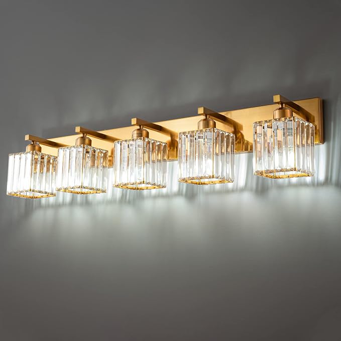 Modern 5-Light Gold Brushed Brass Finish Crystal Wall Light for Bathroom Vanity