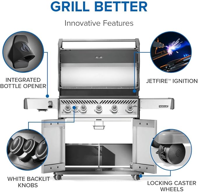 Napoleon Rogue PRO 625 Natural Gas Grill with Infrared Side Burner, Stainless Steel, Durable 6-Burner BBQ