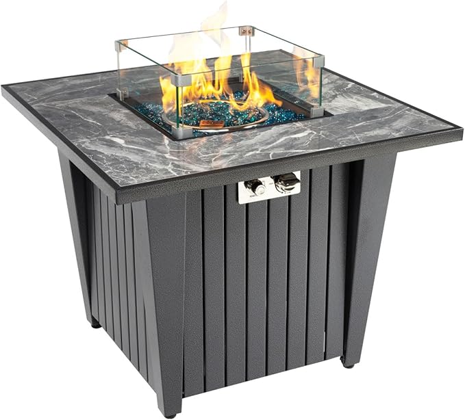 32'' Propane Fire Pit Table, Marble Tile Ceramic Tabletop with Glass Wind Guard, 50,000 BTU Fire Table with Inclined Leg and Art Powder Design, Blue Glass Rocks, Including Lid&Cover, Grey