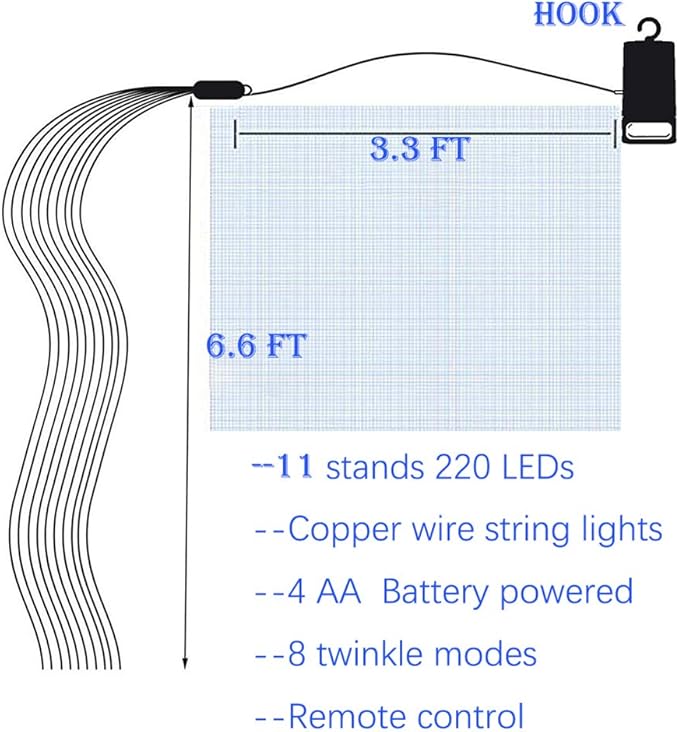 220 LED Firefly Bunch Lights Battery Operated, 8 Flashing Modes Waterproof Copper Wire Waterfall Lights, Remote Controlled Timer and Hooks, Fairy Lights for Indoor Outdoor Decor (Warm White)