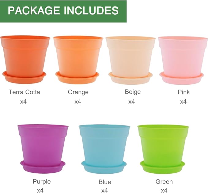 4 inch Plant Pots, 28 Pack Small Plastic Planters with Drainage Holes and Saucers for Flowers Plants, Succulents, Seed Starting Pots, Colorful