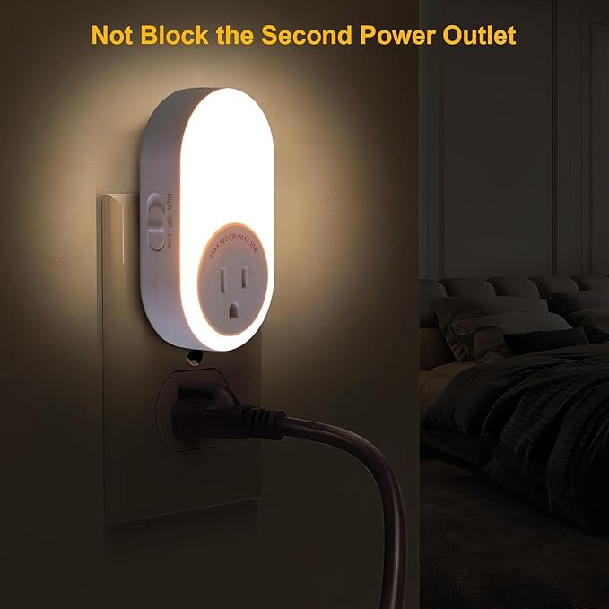 Dawnrise Night Lights Plug Into Wall,Dusk to Dawn Sensor Night Light with Power Outlet,CCT 2200K/4000K,5/20LM Adjustable Brightness for Bedroom,Kitchen,Living Room,Office (4 PK)