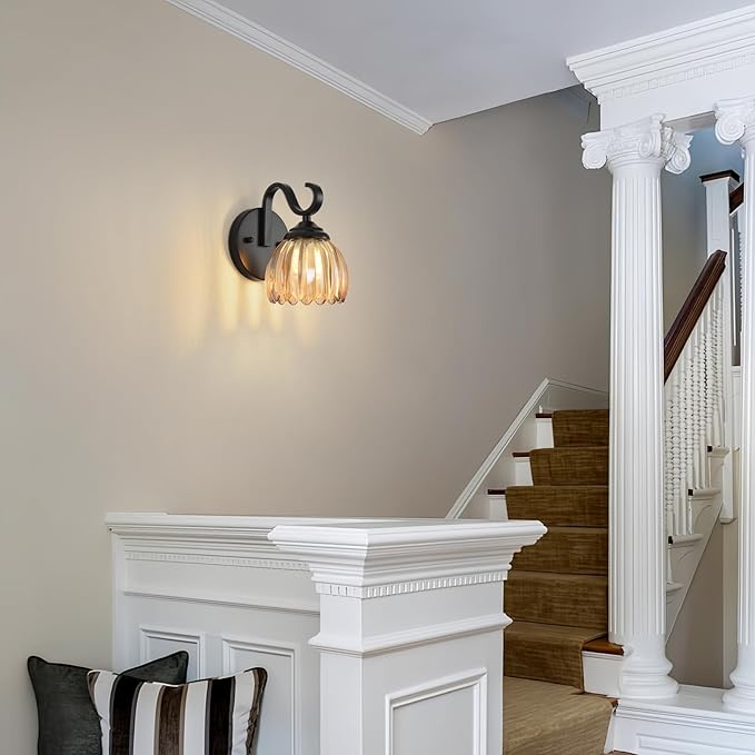 lobolighting Vintage Wall Sconce with Amber Tulip Glass Lampshade Black Sconce Bathroom Vanity Light Fixtures Hardwired Modern Wall Lighting Fixture for Bedroom Bedside Door Header