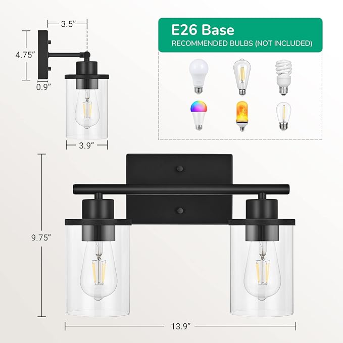 EDISHINE Bathroom Light Fixtures, 2-Light Bathroom Vanity Light with Clear Glass Shades, Matte Black Vanity Lights, Vintage Wall Sconces for Bedroom Living Room Hallway, E26 Base (Bulbs Not Included)