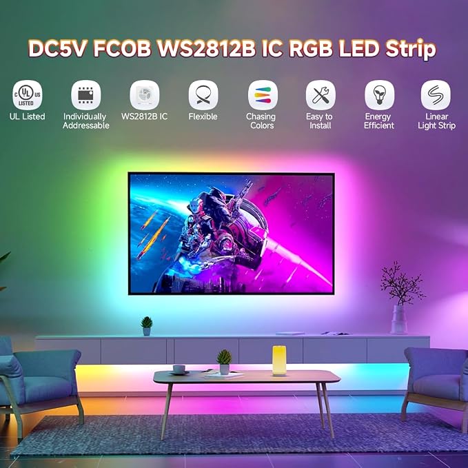 BTF-LIGHTING FCOB COB WS2812B IC RGB LED Strip DC5V 6.5FT Individual Addressable 160LED/m 320LEDs 320IC,UL Listed,Dream Color IP30 High Density Light 10mm Width for Decor(No Adapter or Controller)
