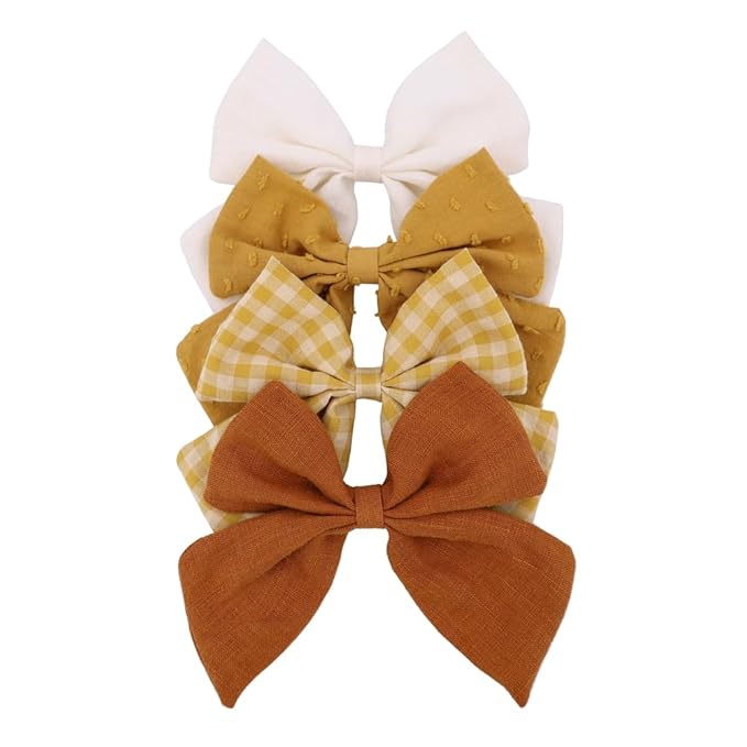 4 PCS Sailor Bow Hair Clips for Kids Girls Women Linen cotton Hair Bow Alligator Clips Baby Toddler Girl Mom Hair Accessories (Gold Autumn)