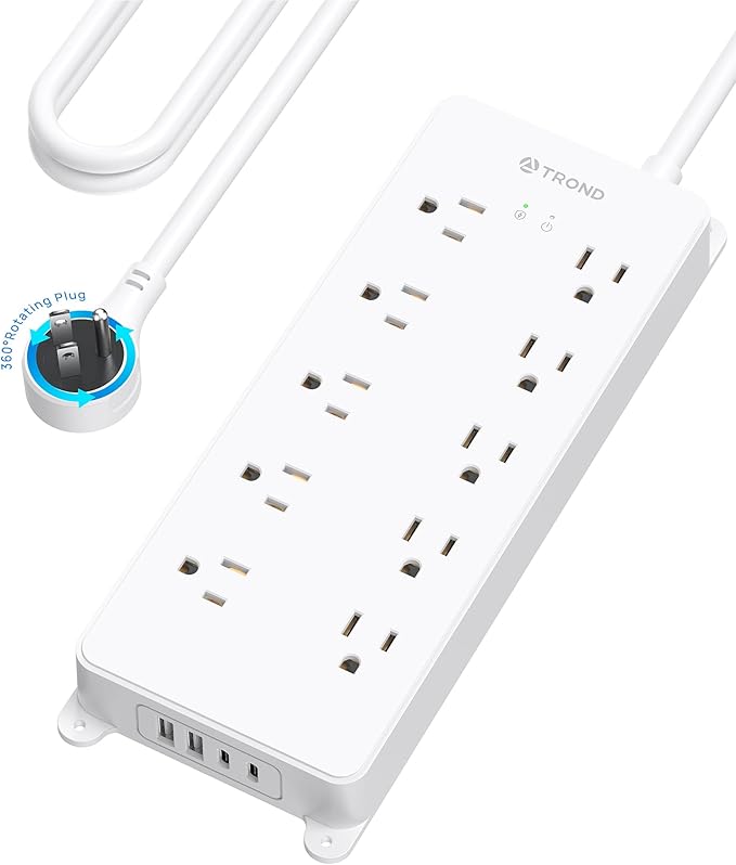 TROND 360° Rotating Plug Surge Protector 15ft, Power Strip with 2 USB A and 2 USB C, 10 Widely Spaced Outlets, 4000J, ETL Listed, Wall Mountable, for Home Office Entertainment, White