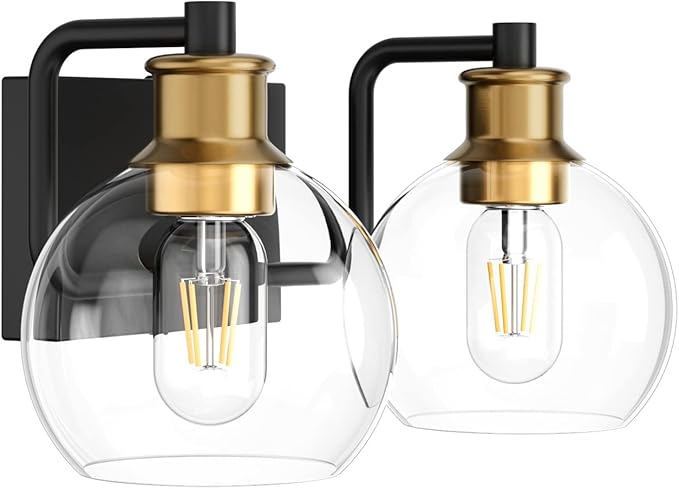 Tipace 2 Lights Vintage Bathroom Vanity Light Fixtures Over Mirror Black & Gold Industrial Vanity Lights with Globe Clear Glass Farmhouse Wall Sconces Fixture(Exclude Bulb)