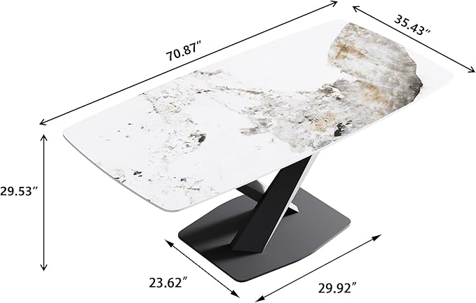 Modern Rectangle Marble Dining Table,71" Antique White Marble Sintered Stone Top Dining Table,Rectangle Dining Room Table with X-Shape Carbon Steel Pedestal Table for Kitchen/Living Room(Table Only)