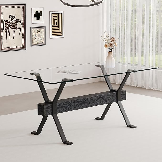 Glass Dining Table 71"｜Modern Dining Table for 6｜0.4" Thick Tempered Glass Top｜Matte Black Metal Legs｜Black Crossbar｜Easy Assembly｜Perfect for Dining Room or Kitchen