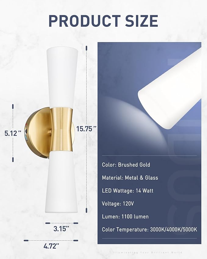 kudos Bathroom Sconces Set of 2,16inches Gold Wall Sconces, Modern Bathroom Light Fixtures with Milk White Glass, Dimmerable 3000K/4000K/5000K for Bedroom Hallway, KDVL13-GD-2PK