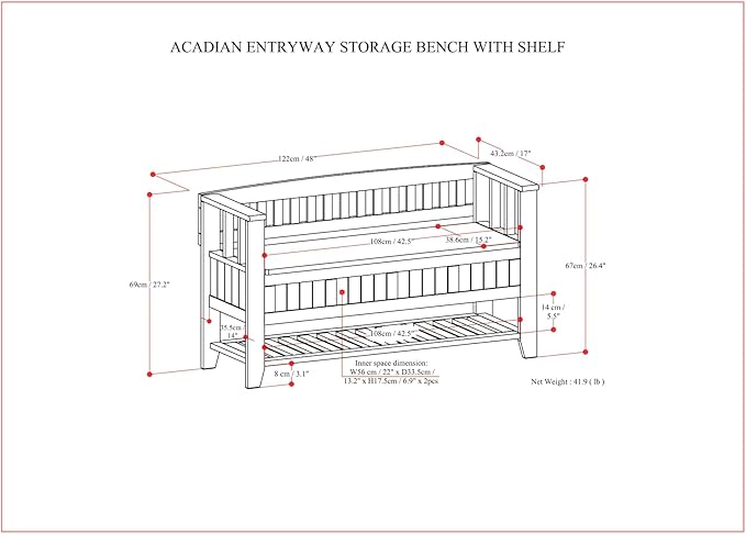 SIMPLIHOME Acadian Entryway Storage Bench - 48 inch Wide Solid Wood Hallway Seat with Shelf in Brunette Brown, Transitional Bench for Entryway or Living Room with Open Storage and Slatted Bottom