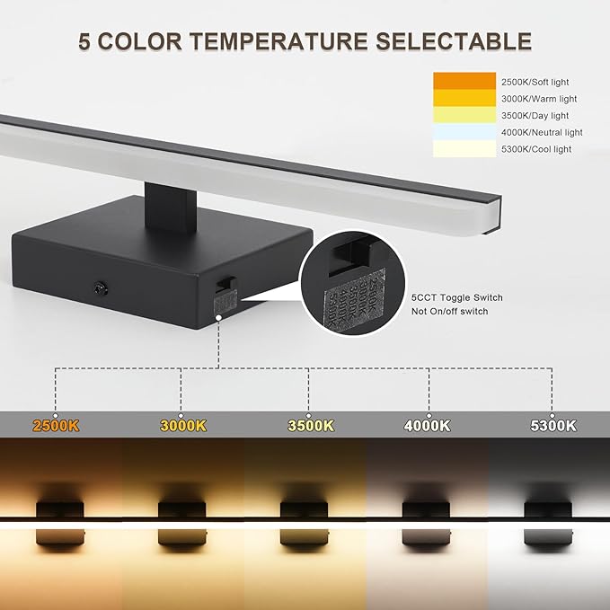 LED Modern Bathroom Vanity Light Fixtures Dimmable 5CCT 12W Lights Over Mirror Black Wall Light Bar for Bathroom 15.7 inch ETL Certificated