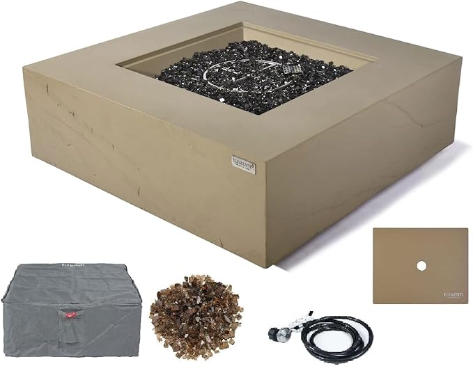 Elementi+ | Uluru Gas Fire Pit Cast Concrete 40" Square Fire Table, Outdoor Fire Pit Electronic Ignition | Canvas Cover, Fire Glass and Burner Lid Included | Sunlight Yellow | Propane Gas