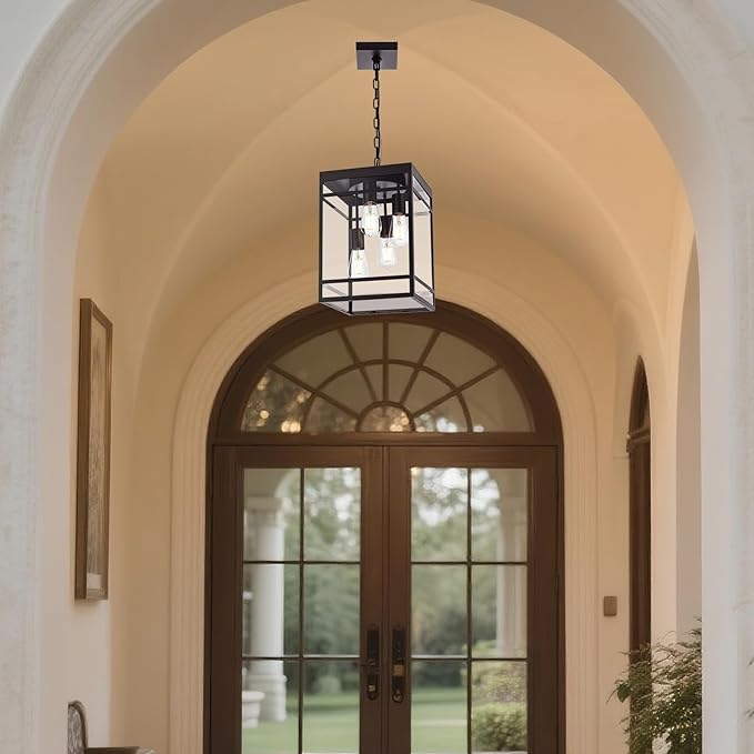 4-Light Outdoor Pendant Lights for Porch, Black Outdoor Chandelier 15.7'' Large Exterior Hanging Porch Light Fixtures with Clear Glass, Waterproof Outside Pendant Lantern for Garage Foyer