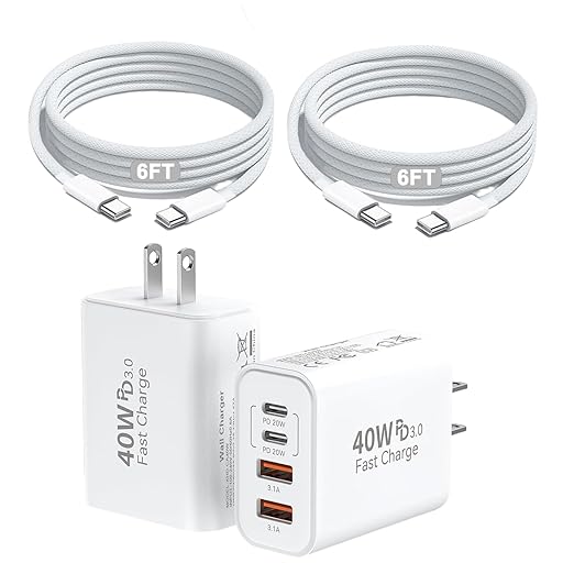 2Pack iPhone 17 16 15 Pro Max Fast Charging Block,6FT USB C to C Woven Cable Cord 40W USB C Apple Charger 4 Port PD&AC Charger Block Fast Charging for iPhone 17 Air/16e/17/16 /15 Plus/Pro/Pro Max/iPad