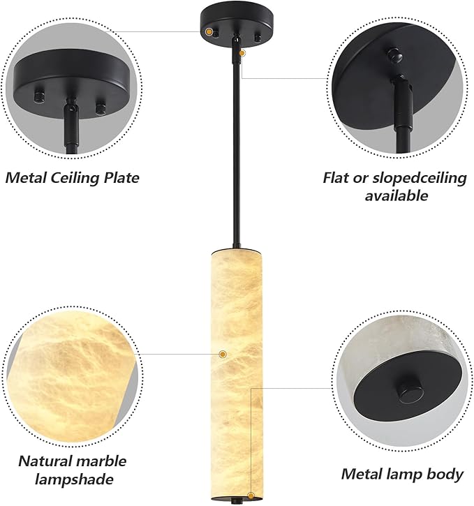 LMQNINE Natural Alabaster Pendant Lights White Marble 15" Long Tube Adjustable Boom Chandelier Modern 3000K Black Ceiling Light for Kitchen Island Bedroom Dining Room Living Room Hallway(S-1Pack)