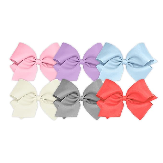 Wee Ones Girls' 6 Piece Set of Bows, Solid Grosgrain Variety Pack on a WeeStay No-Slip Hair Clip, King, Pearl Pink, Light Orchid, Millennium Blue, Antique White, Gray, Watermelon