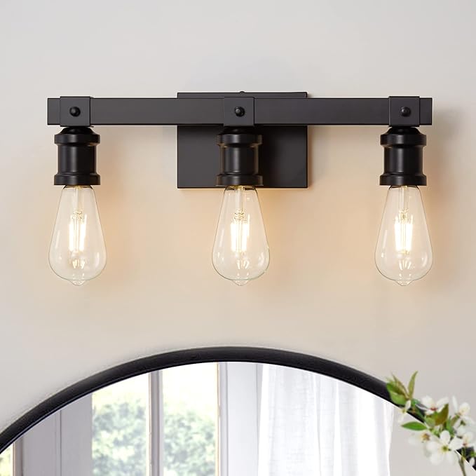 Farmhouse Bathroom Vanity Light Fixtures 3-Light Bathroom Light Fixtures Over Mirror Matte Black Vanity Light Industrial Vintage Wall Light Fixtures for Bathroom Living Room Hallway