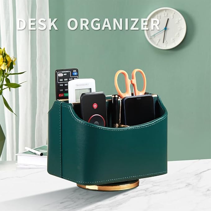 Leather Remote Control Holder for Table, 360 Degree Spinning TV Remote Caddy, Bedside Desk Organizer for DVD, Media, Blu-Ray, Heater Controllers, Mobile Phone, Glasses and Office Supplies Storage