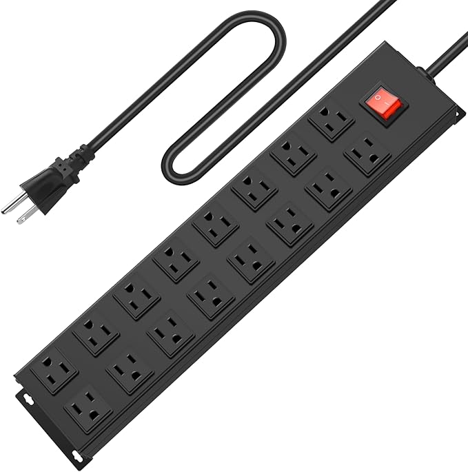 HHSOET Metal 16 Outlet Mountable Power Strip, Wall Mount Garage Workbench Socket, Gaming Table Surge Protector with 15 FT Power Cord.(Black)