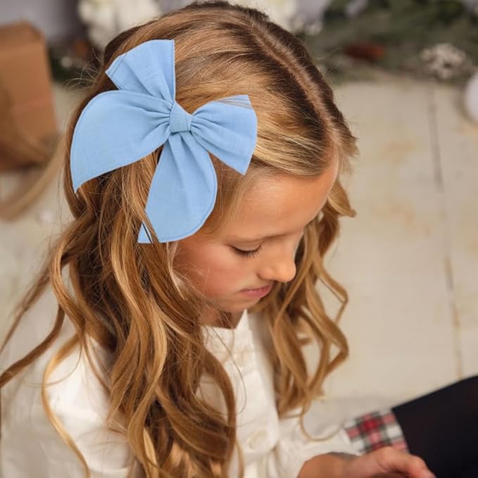 12 PCS Large Fable Bow Hair Clip for Little Girl Kids Linen Velvet Hair Bows Barrettes Alligator Clips Baby Mom Women Hair Accessories (Linen 12 PCS)