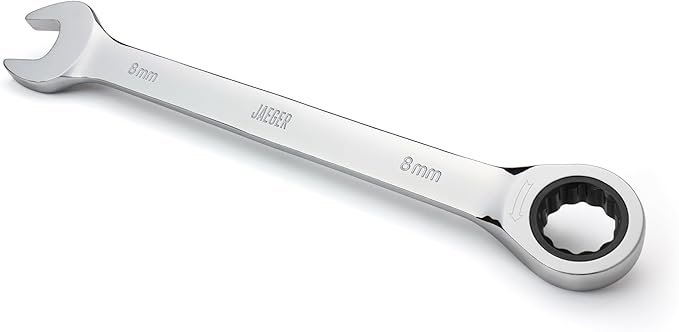 Jaeger 8 mm Ratchet Combination Wrench with 90-Tooth Ratcheting Precision and Hardened, Polished Steel for Projects with Metric Tight Spaces