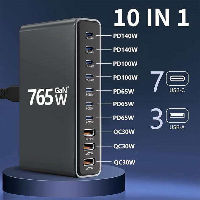 765W 10-Port GaN 3 Desktop Charging Station for Phones, Tablets, Laptops, Smartwatches & Earphones - Home, Office & Travel Compatible