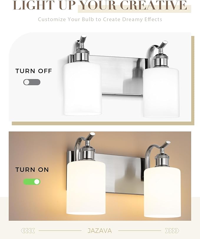 Milk Glass Bathroom Light, 2-Light Vanity Light Fixture, Brushed Nickel Wall Sconce, VL01BNW-2